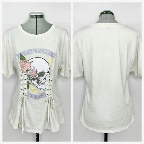 Express NWOT Women's Skull & Roses Live Free Top w/Corset-style Lace Up Front, M - Picture 2 of 8